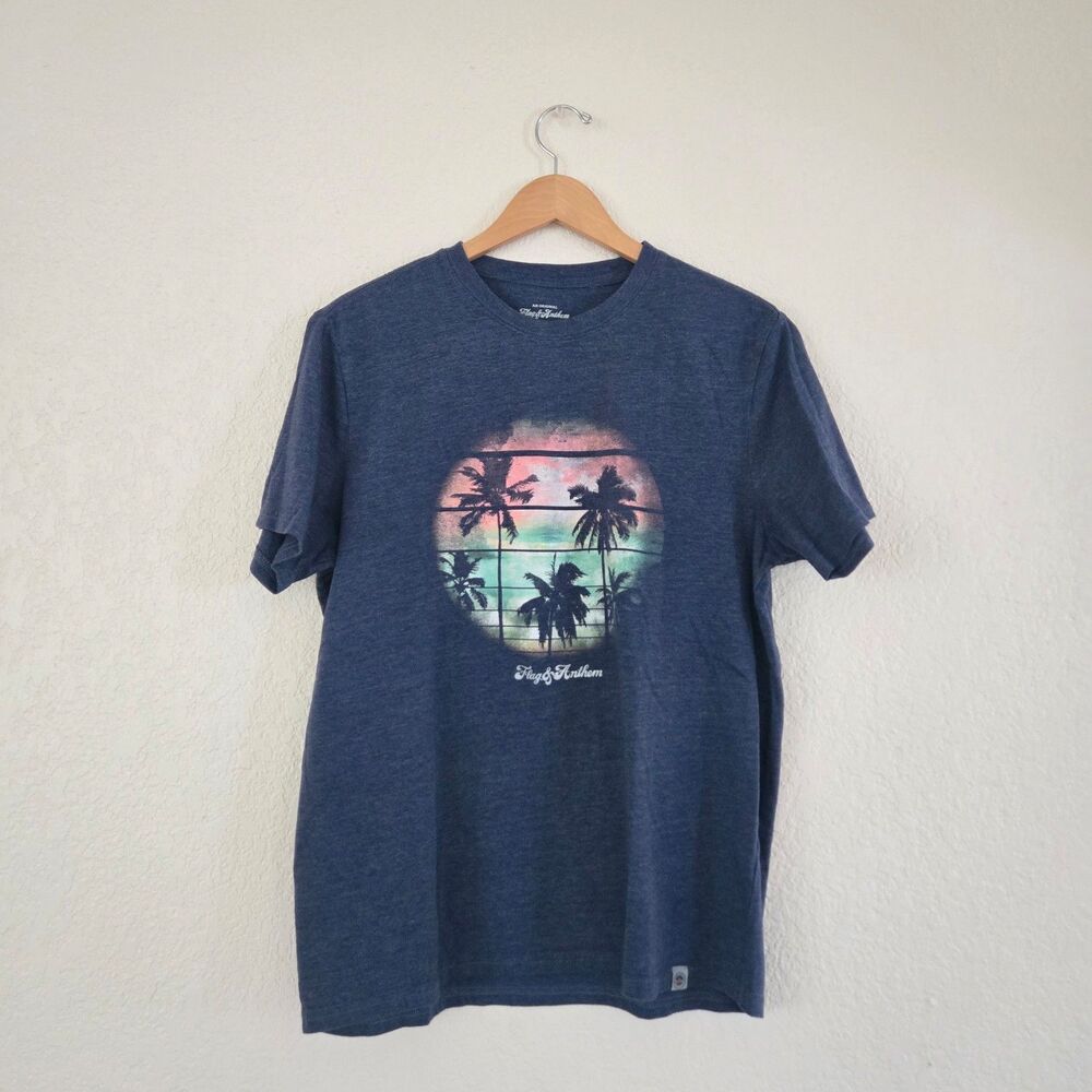 Flag & Anthem Men's Palm Tree Sunset Graphic Short Sleeve T-Shirt Blue Size L